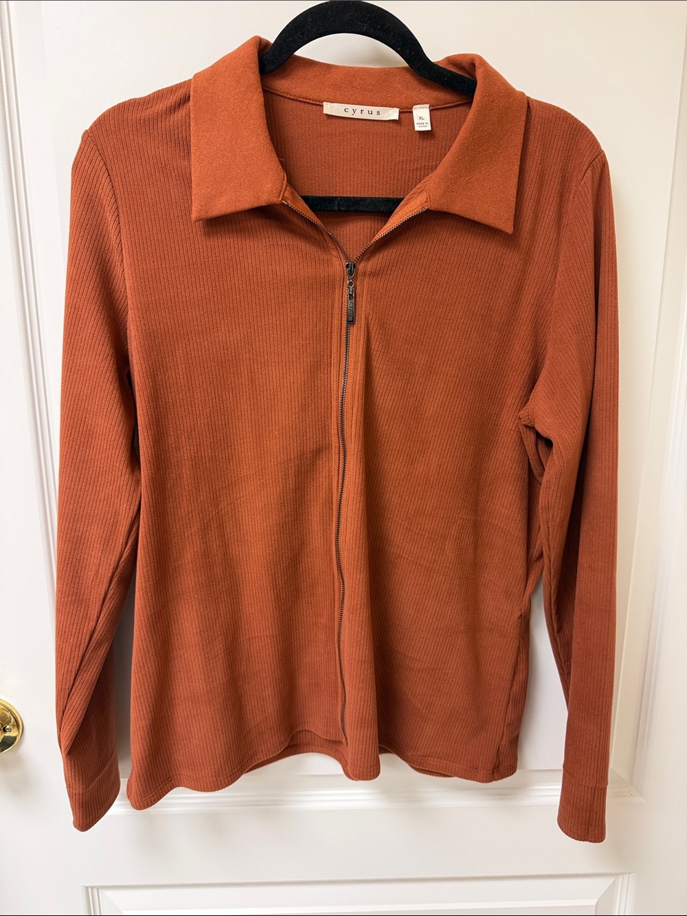 Cyrus Zip Collar Ribbed Long Sleeve Top - Rust Orange